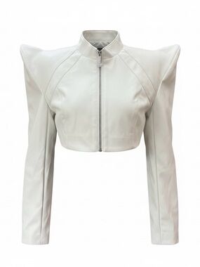 AKIRA White Cropped AKIRA Leather Jacket with Structured Shoulders